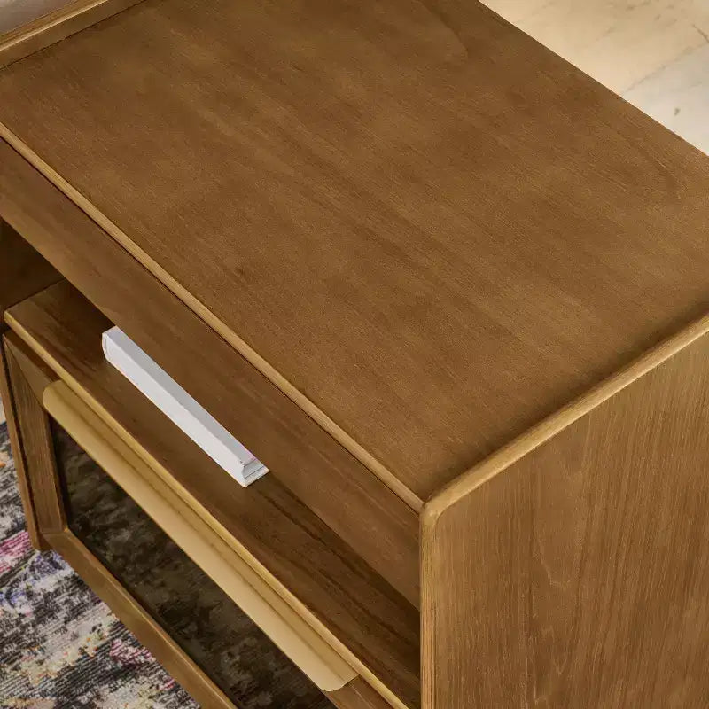 Coiffeuse avec étagères ouvertes et tiroirs en verre, station de charge, prise et 2 tiroirs ; Meuble d'appoint pour salon/pièce de réception/chambre d'étudiant.