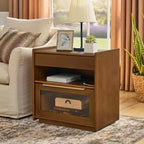 Coiffeuse avec étagères ouvertes et tiroirs en verre, station de charge, prise et 2 tiroirs ; Meuble d'appoint pour salon/pièce de réception/chambre d'étudiant.