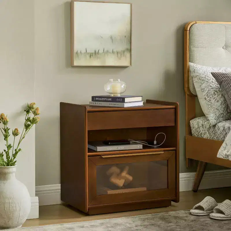 Coiffeuse avec étagères ouvertes et tiroirs en verre, station de charge, prise et 2 tiroirs ; Meuble d'appoint pour salon/pièce de réception/chambre d'étudiant.