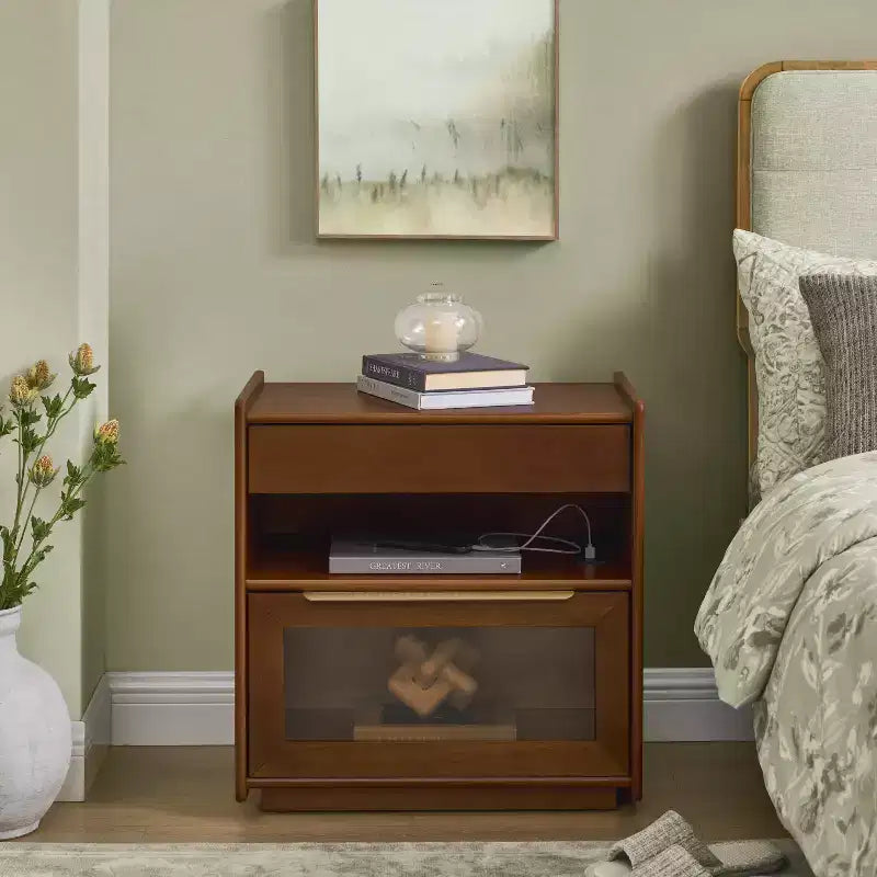 Coiffeuse avec étagères ouvertes et tiroirs en verre, station de charge, prise et 2 tiroirs ; Meuble d'appoint pour salon/pièce de réception/chambre d'étudiant.