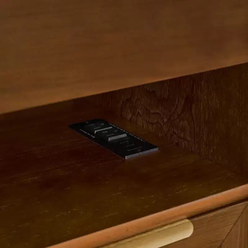 Coiffeuse avec étagères ouvertes et tiroirs en verre, station de charge, prise et 2 tiroirs ; Meuble d'appoint pour salon/pièce de réception/chambre d'étudiant.