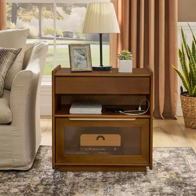 Open Shelving and Glass Drawer Dressing Table with Charging Dock, Socket, and 2 Drawers; Living Room/Reception Room/Dormitory Side Cabinet.