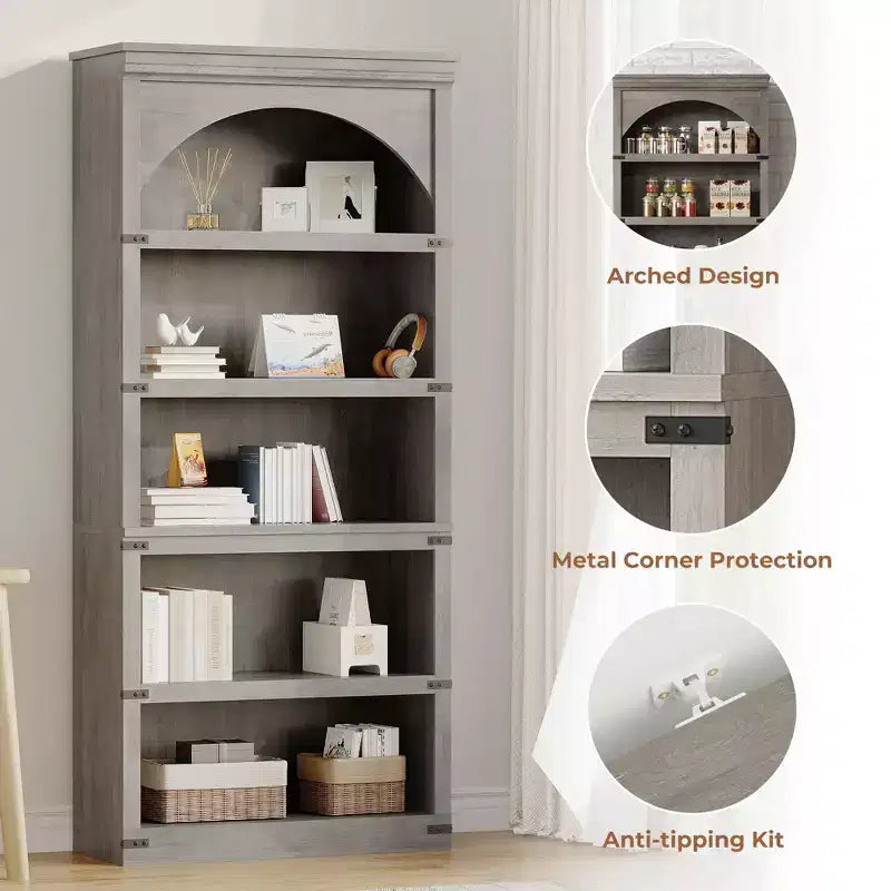 Étagère de 170 cm, meuble de rangement à 5 niveaux avec cadre en métal, organisateur de rangement style ferme avec étagères ouvertes, pour bureau, salon, chambre à coucher