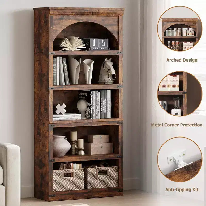 Étagère de 170 cm, meuble de rangement à 5 niveaux avec cadre en métal, organisateur de rangement style ferme avec étagères ouvertes, pour bureau, salon, chambre à coucher