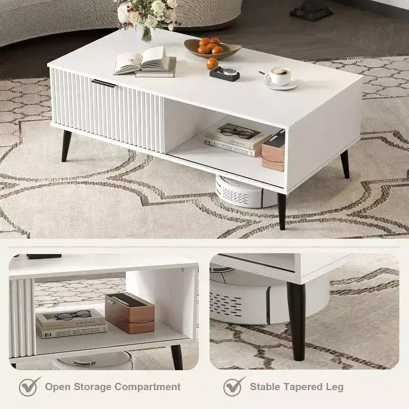 Table basse, Table basse en bois avec meuble de rangement, Conception à deux niveaux, Porte coulissante