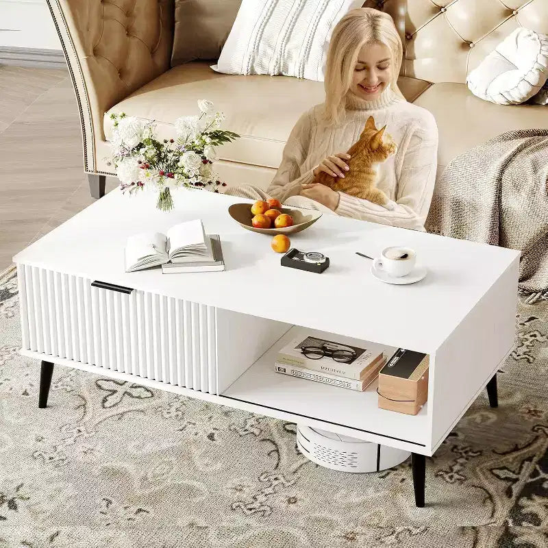 Table basse, Table basse en bois avec meuble de rangement, Conception à deux niveaux, Porte coulissante
