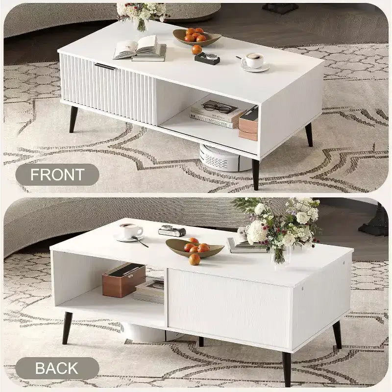 Table basse, Table basse en bois avec meuble de rangement, Conception à deux niveaux, Porte coulissante