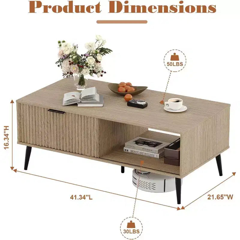 Table basse, Table basse en bois avec meuble de rangement, Conception à deux niveaux, Porte coulissante