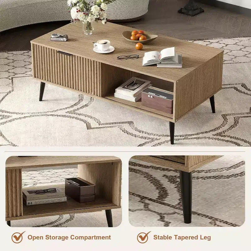 Table basse, Table basse en bois avec meuble de rangement, Conception à deux niveaux, Porte coulissante