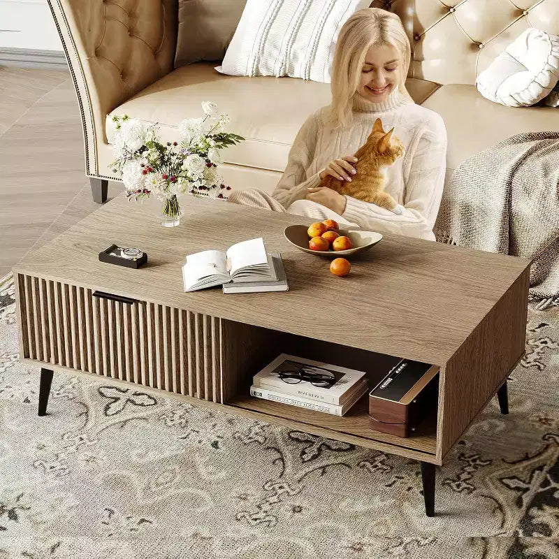Table basse, Table basse en bois avec meuble de rangement, Conception à deux niveaux, Porte coulissante