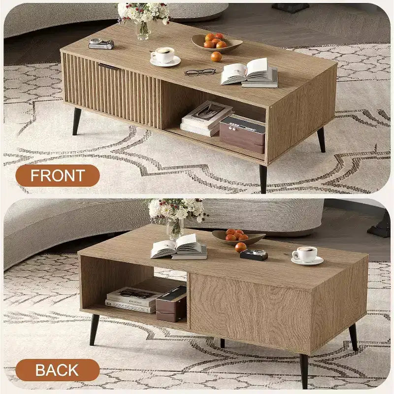Table basse, Table basse en bois avec meuble de rangement, Conception à deux niveaux, Porte coulissante