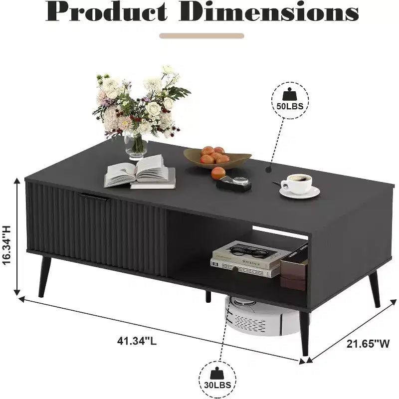 Table basse, Table basse en bois avec meuble de rangement, Conception à deux niveaux, Porte coulissante