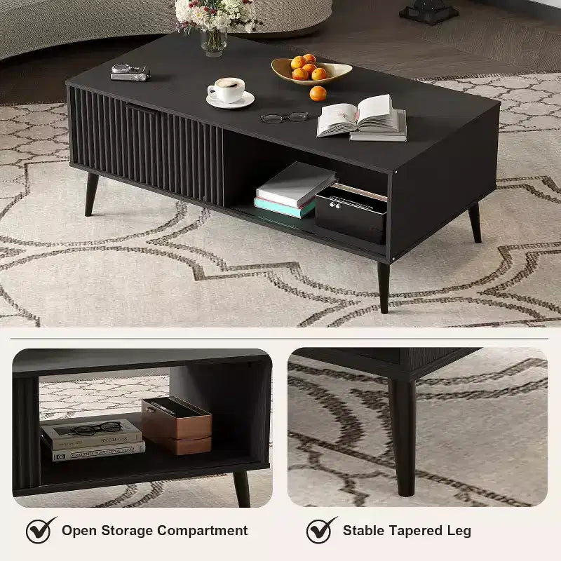 Table basse, Table basse en bois avec meuble de rangement, Conception à deux niveaux, Porte coulissante
