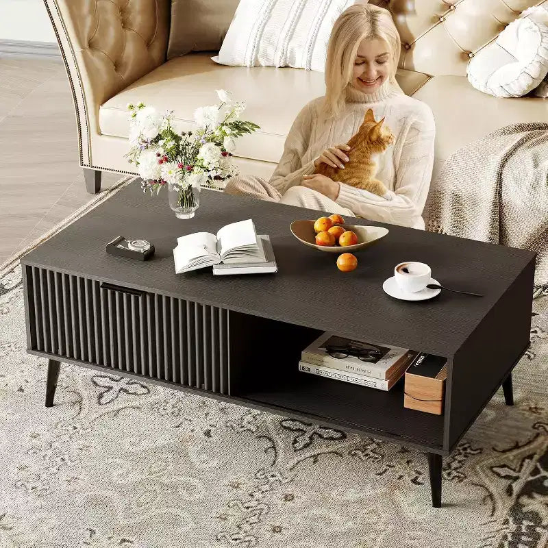 Table basse, Table basse en bois avec meuble de rangement, Conception à deux niveaux, Porte coulissante