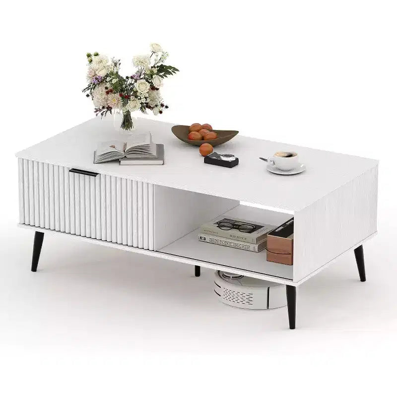 Table basse, Table basse en bois avec meuble de rangement, Conception à deux niveaux, Porte coulissante