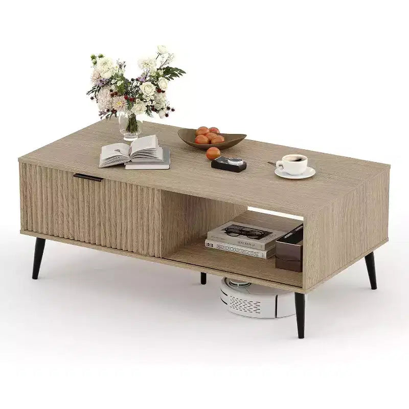 Table basse, Table basse en bois avec meuble de rangement, Conception à deux niveaux, Porte coulissante