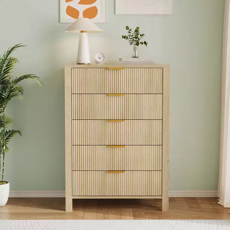 Commode étroite pour petits espaces, Commode flûtée à 5 tiroirs pour chambre à coucher ou appartement,