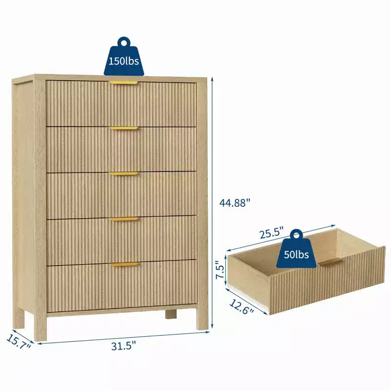 Commode étroite pour petits espaces, Commode flûtée à 5 tiroirs pour chambre à coucher ou appartement,