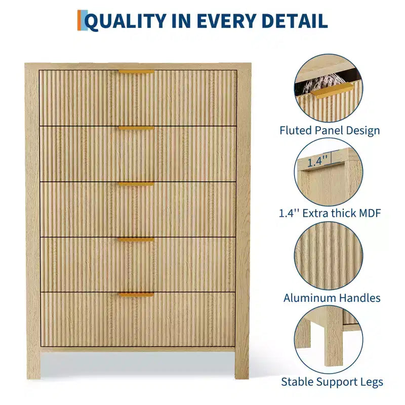 Commode étroite pour petits espaces, Commode flûtée à 5 tiroirs pour chambre à coucher ou appartement,