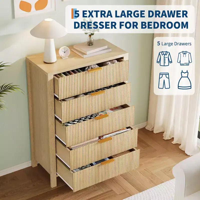 Commode étroite pour petits espaces, Commode flûtée à 5 tiroirs pour chambre à coucher ou appartement,