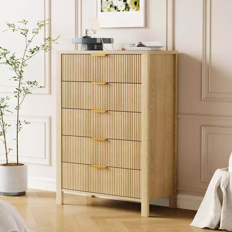 Commode étroite pour petits espaces, Commode flûtée à 5 tiroirs pour chambre à coucher ou appartement,