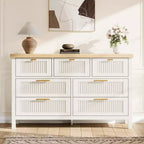 Commode à canneler COZONY pour chambre à coucher, commode en bois de 120,4 cm de large avec 7 grands tiroirs de rangement, armoire de rangement moderne et meuble TV pour salon