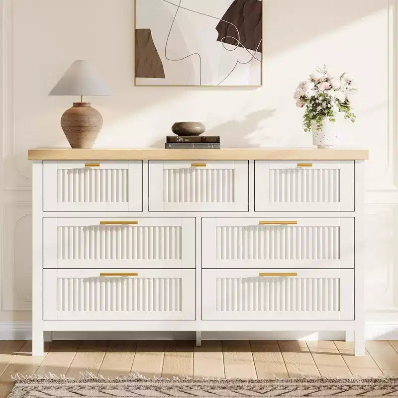 Commode à canneler COZONY pour chambre à coucher, commode en bois de 120,4 cm de large avec 7 grands tiroirs de rangement, armoire de rangement moderne et meuble TV pour salon