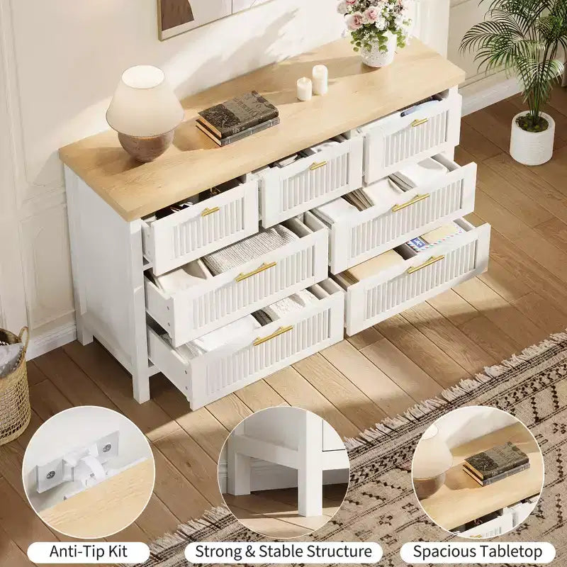Commode à canneler COZONY pour chambre à coucher, commode en bois de 120,4 cm de large avec 7 grands tiroirs de rangement, armoire de rangement moderne et meuble TV pour salon