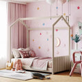 Twin/Full Princess House Bed with Velvet Upholstered Tufted Headboard and Footboard, Kids House Bed Frame with Roof, Beige