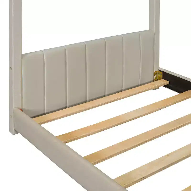 Lit cabane jumeau/double pour fille avec tête et pied de lit touffetés en velours, cadre de lit cabane pour enfants avec toit, beige