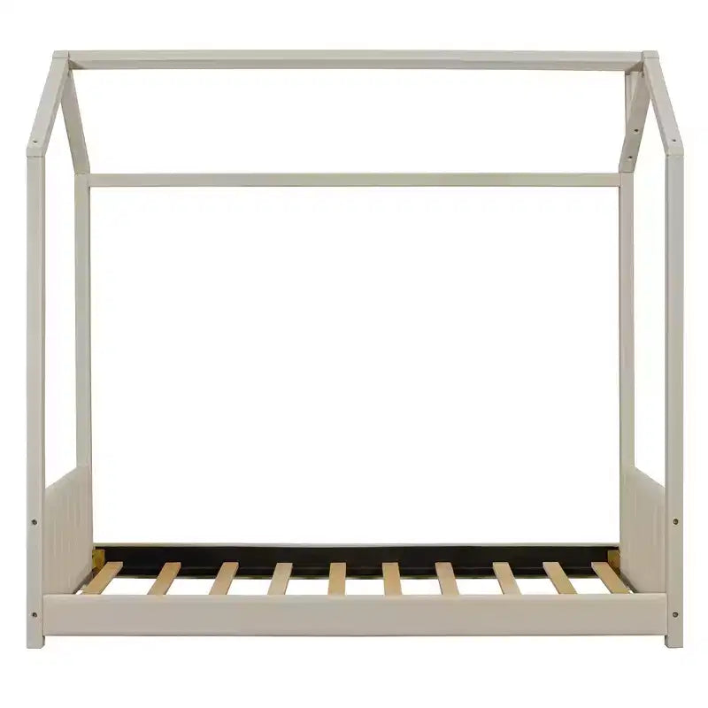 Lit cabane jumeau/double pour fille avec tête et pied de lit touffetés en velours, cadre de lit cabane pour enfants avec toit, beige