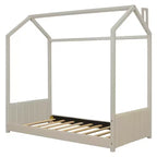 Lit cabane jumeau/double pour fille avec tête et pied de lit touffetés en velours, cadre de lit cabane pour enfants avec toit, beige