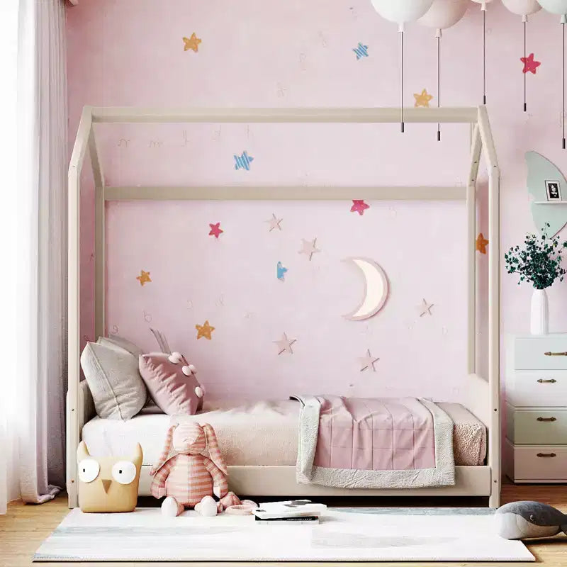 Lit cabane jumeau/double pour fille avec tête et pied de lit touffetés en velours, cadre de lit cabane pour enfants avec toit, beige