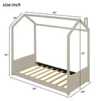 Lit cabane jumeau/double pour fille avec tête et pied de lit touffetés en velours, cadre de lit cabane pour enfants avec toit, beige