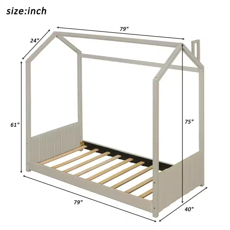 Lit cabane jumeau/double pour fille avec tête et pied de lit touffetés en velours, cadre de lit cabane pour enfants avec toit, beige
