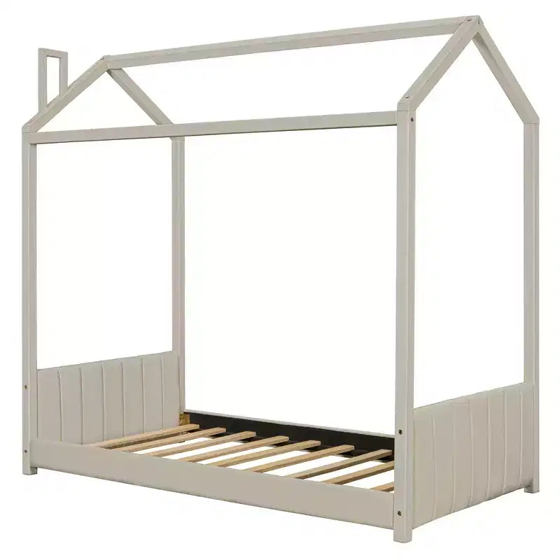 Lit cabane jumeau/double pour fille avec tête et pied de lit touffetés en velours, cadre de lit cabane pour enfants avec toit, beige