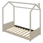 Lit cabane jumeau/double pour fille avec tête et pied de lit touffetés en velours, cadre de lit cabane pour enfants avec toit, beige