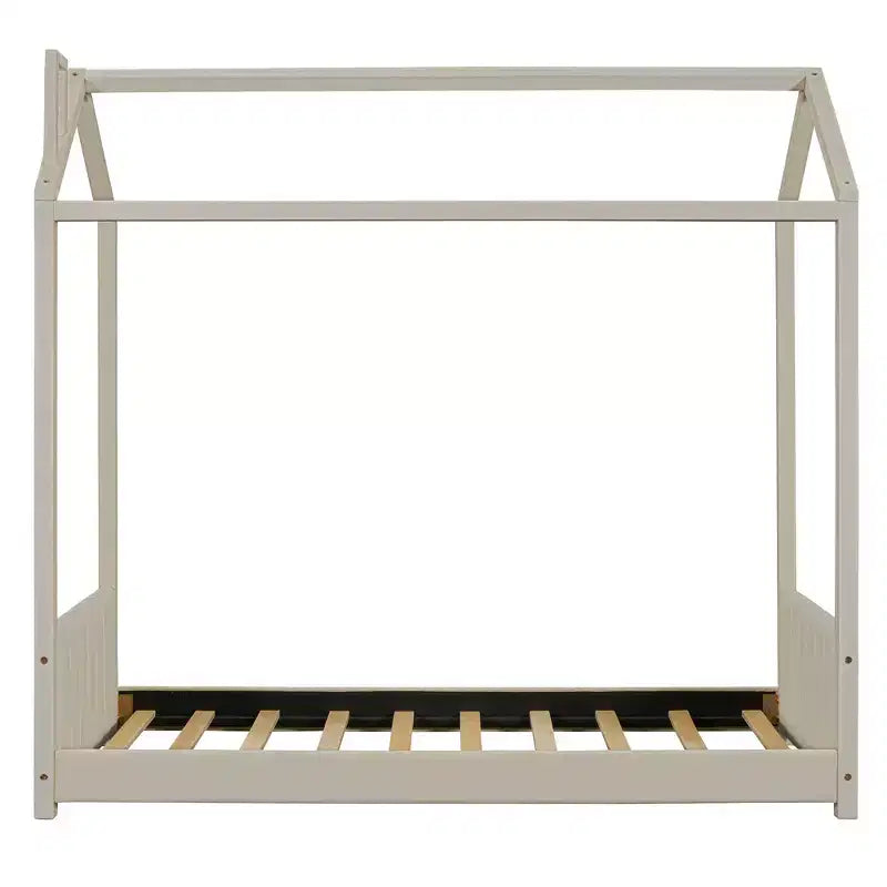 Lit cabane jumeau/double pour fille avec tête et pied de lit touffetés en velours, cadre de lit cabane pour enfants avec toit, beige