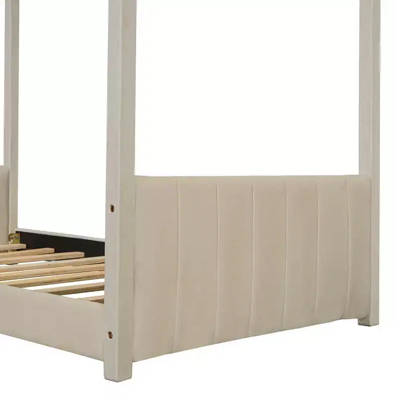 Lit cabane jumeau/double pour fille avec tête et pied de lit touffetés en velours, cadre de lit cabane pour enfants avec toit, beige