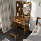 Coiffeuse avec miroir et lumières LED réglables, prise de courant, support pour sèche-cheveux et tabouret, petite coiffeuse compacte pour petites chambres (Vintage)