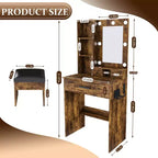 Coiffeuse avec miroir et lumières LED réglables, prise de courant, support pour sèche-cheveux et tabouret, petite coiffeuse compacte pour petites chambres (Vintage)