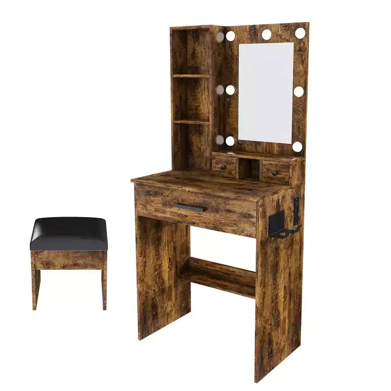 Coiffeuse avec miroir et lumières LED réglables, prise de courant, support pour sèche-cheveux et tabouret, petite coiffeuse compacte pour petites chambres (Vintage)