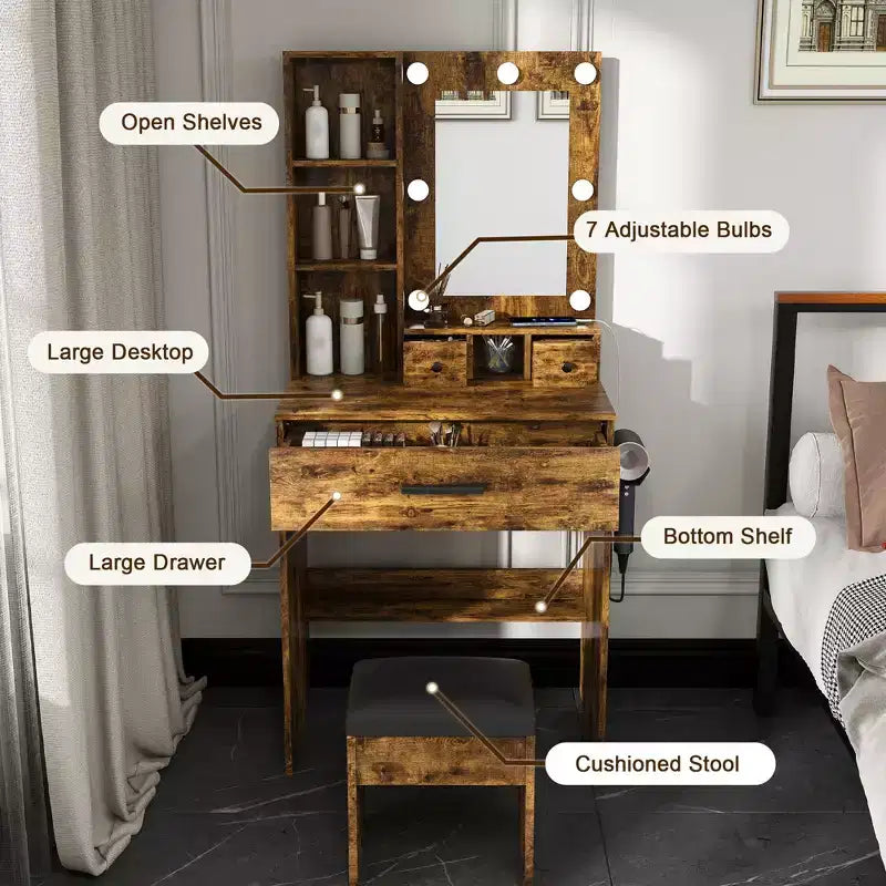 Coiffeuse avec miroir et lumières LED réglables, prise de courant, support pour sèche-cheveux et tabouret, petite coiffeuse compacte pour petites chambres (Vintage)