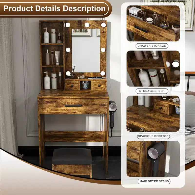 Coiffeuse avec miroir et lumières LED réglables, prise de courant, support pour sèche-cheveux et tabouret, petite coiffeuse compacte pour petites chambres (Vintage)