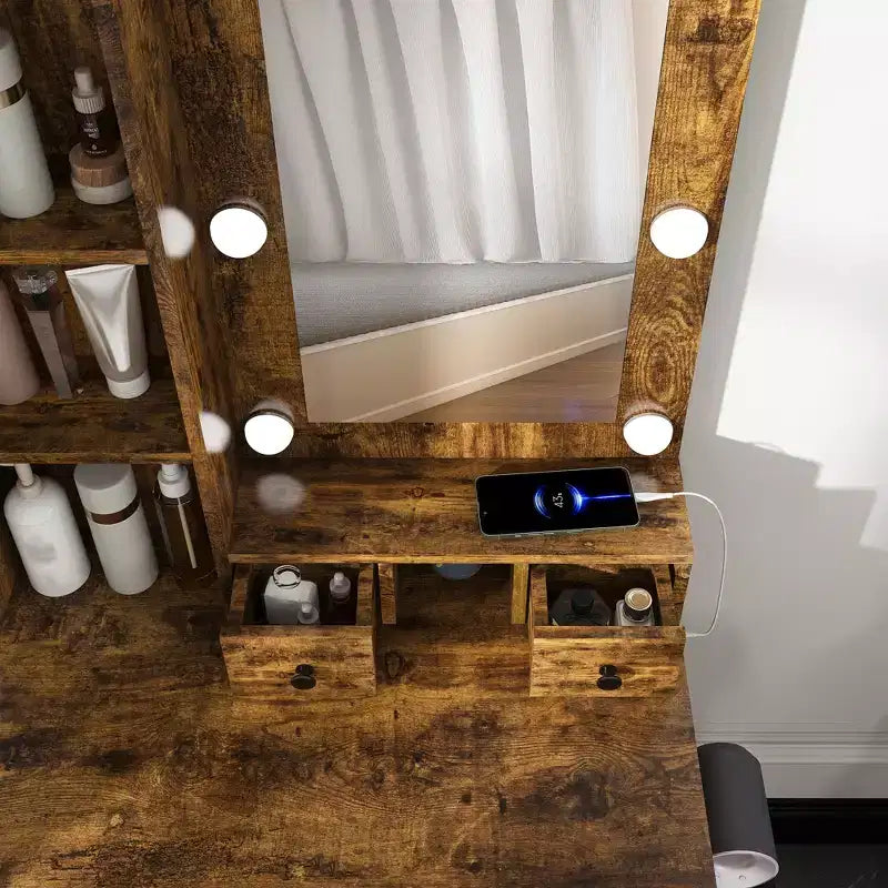 Coiffeuse avec miroir et lumières LED réglables, prise de courant, support pour sèche-cheveux et tabouret, petite coiffeuse compacte pour petites chambres (Vintage)