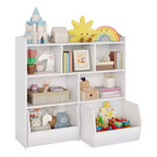 Organisateur de rangement avec tiroirs mobiles, bibliothèque pour enfants avec roulettes cachées et 5 casiers ouverts, armoire de rangement multifonctionnelle pour salle de jeux