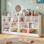 Organisateur de rangement avec tiroirs mobiles, bibliothèque pour enfants avec roulettes cachées et 5 casiers ouverts, armoire de rangement multifonctionnelle pour salle de jeux