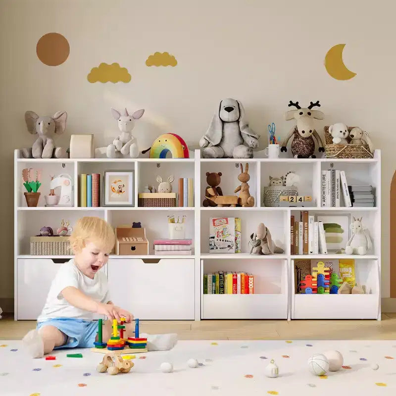 Organisateur de rangement avec tiroirs mobiles, bibliothèque pour enfants avec roulettes cachées et 5 casiers ouverts, armoire de rangement multifonctionnelle pour salle de jeux