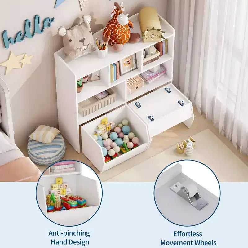 Organisateur de rangement avec tiroirs mobiles, bibliothèque pour enfants avec roulettes cachées et 5 casiers ouverts, armoire de rangement multifonctionnelle pour salle de jeux