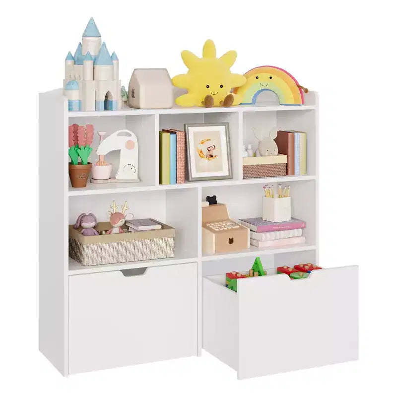 Organisateur de rangement avec tiroirs mobiles, bibliothèque pour enfants avec roulettes cachées et 5 casiers ouverts, armoire de rangement multifonctionnelle pour salle de jeux